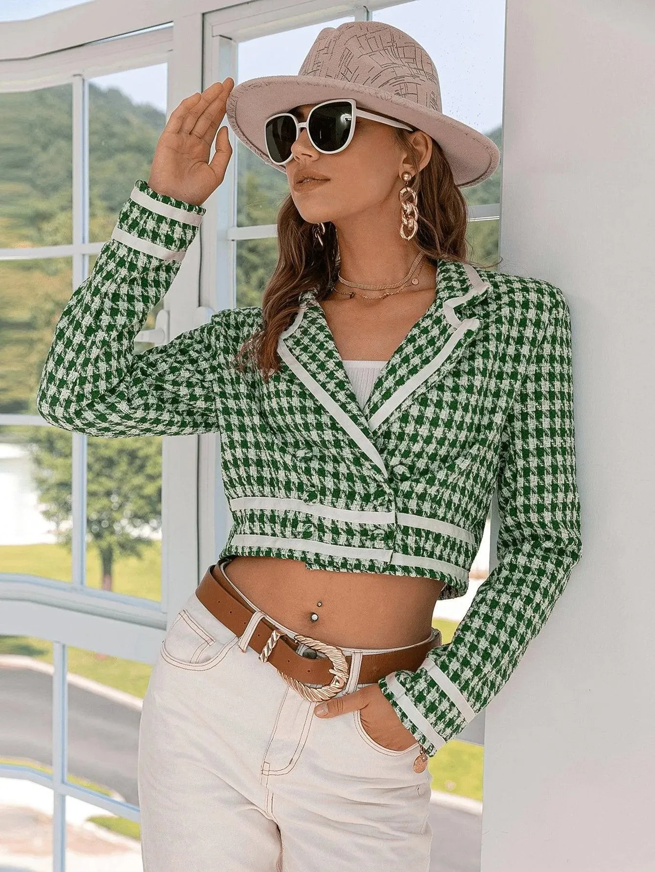 Houndstooth Double-Breasted Cropped Jacket