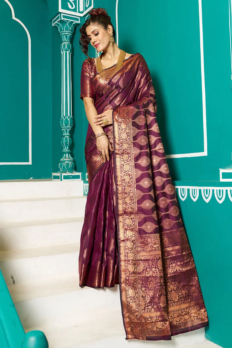 Inspiring Purple Soft Banarasi Silk Saree With Fairytale Blouse Piece