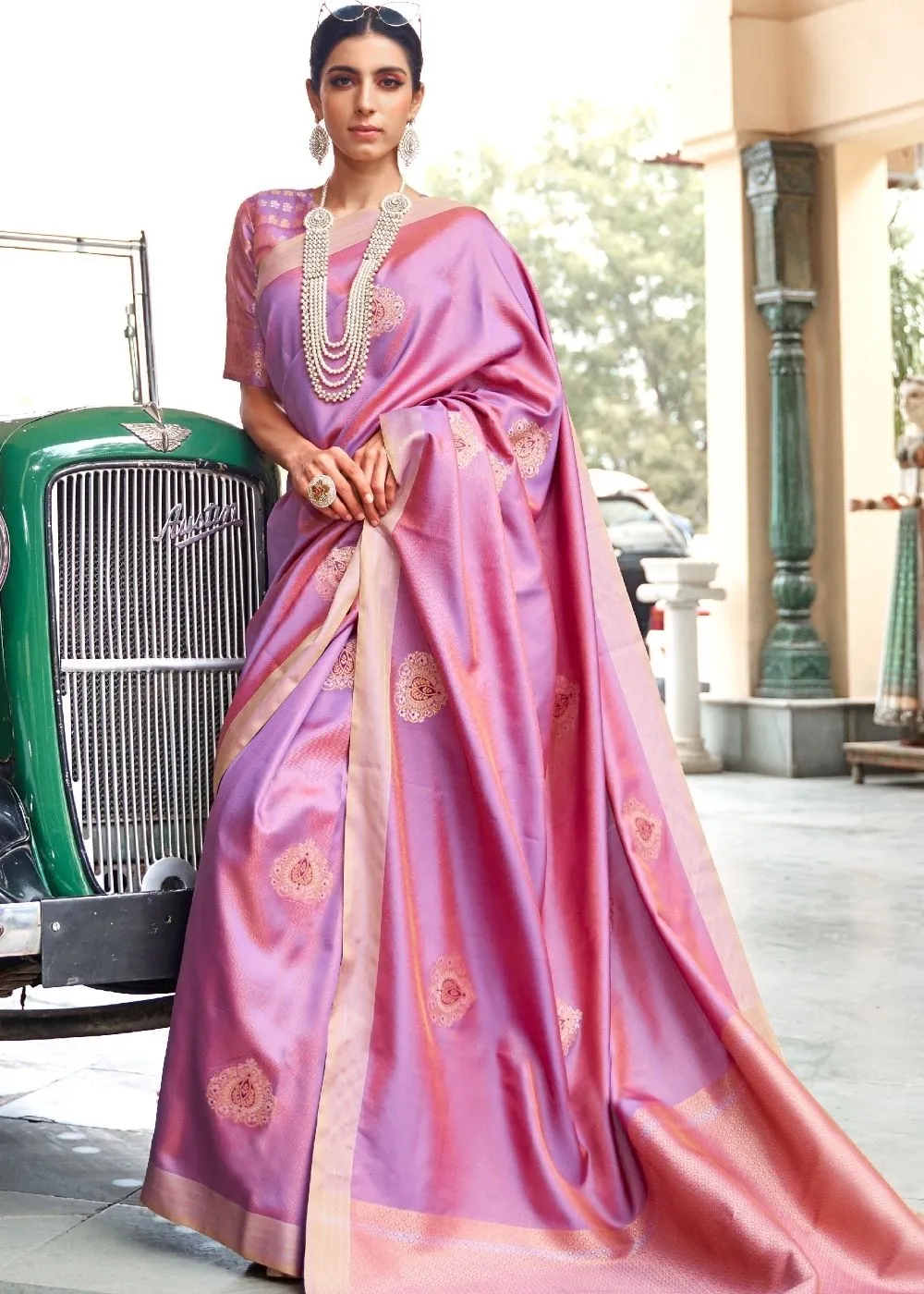 Iris Purple Zari Butta Banarasi-Chanderi Fusion Silk Saree