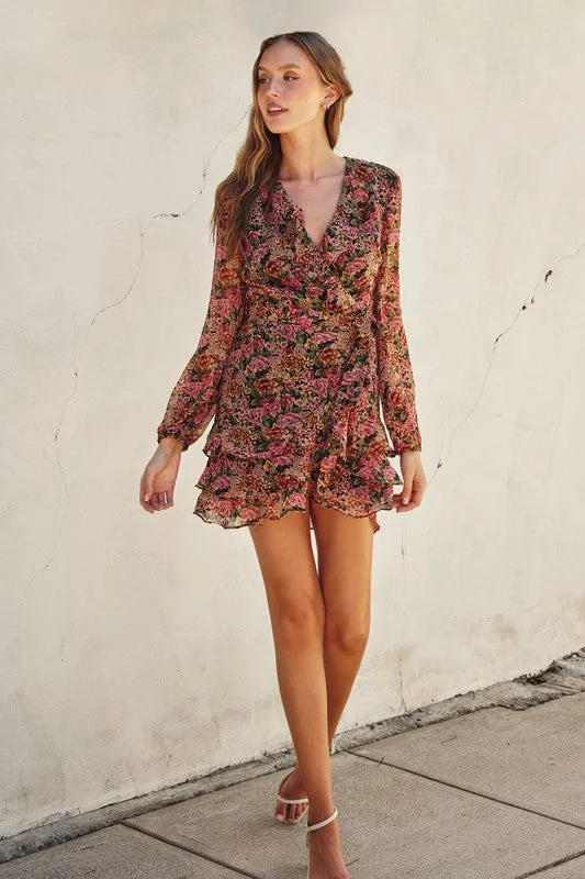 Jamie Long Sleeve Floral Print Wrap Mini Dress Rose