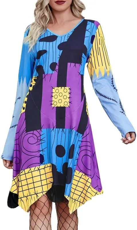 Jillumi Women Long Sleeve V Neck Patchwork Cosplay Halloween Dress