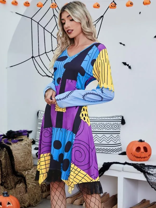 Jillumi Women Long Sleeve V Neck Patchwork Cosplay Halloween Dress