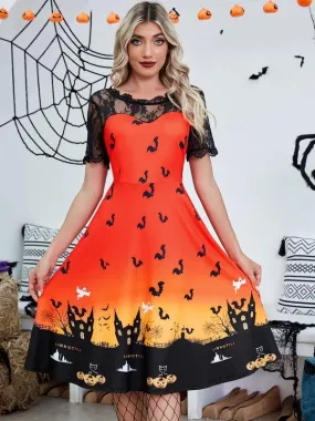 Jillumi Women's Lace Sleeve Pumpkin Swing Halloween Dress