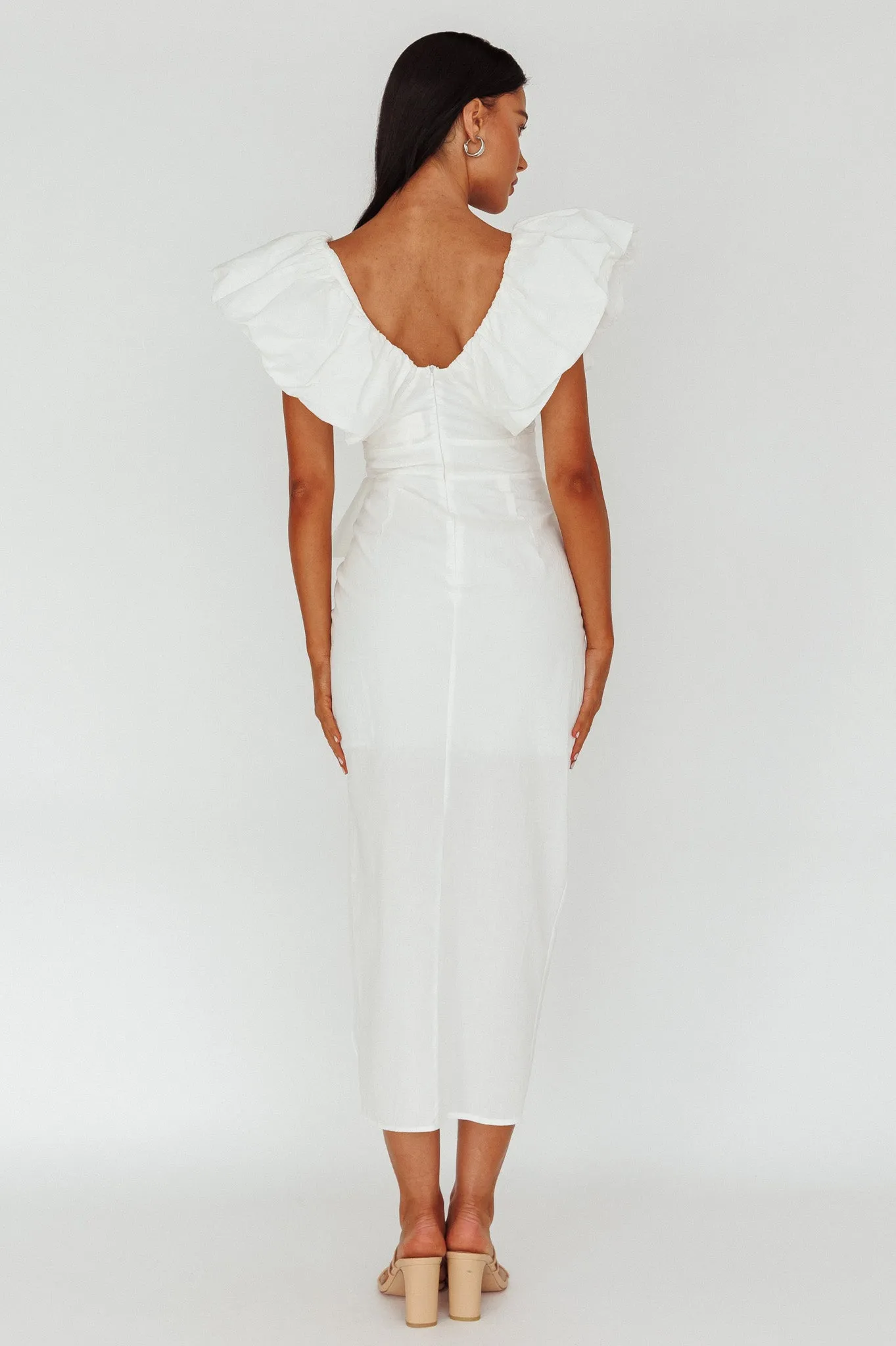 Kahlo Ruffle Neckline Wrap Midi Dress White