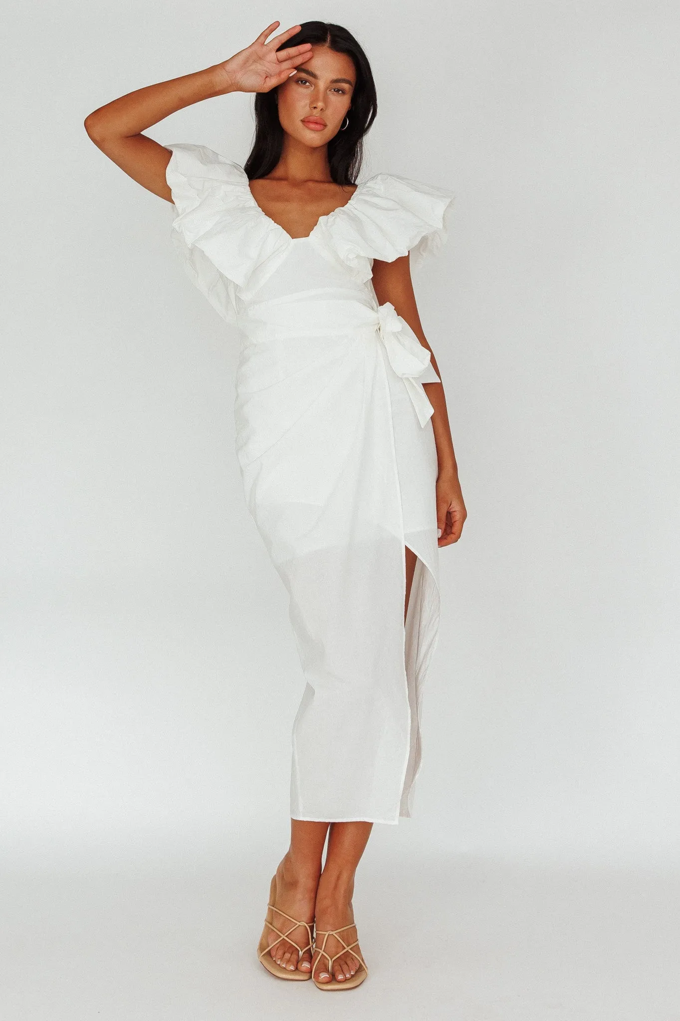 Kahlo Ruffle Neckline Wrap Midi Dress White