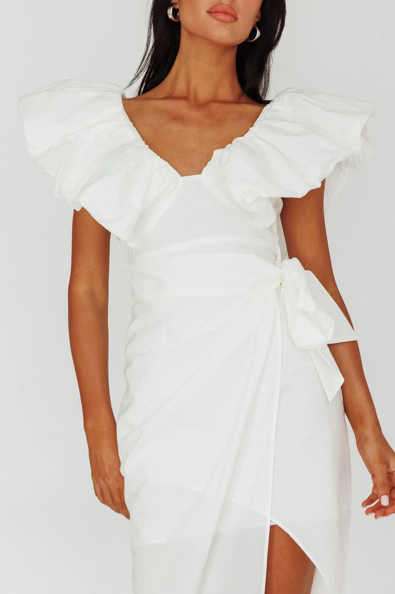 Kahlo Ruffle Neckline Wrap Midi Dress White