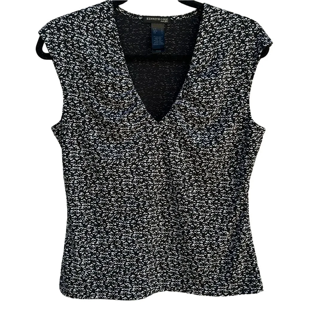 Kenneth Cole Women's Sleeveless V-Neck Top Floral Pattern Size L Black & White