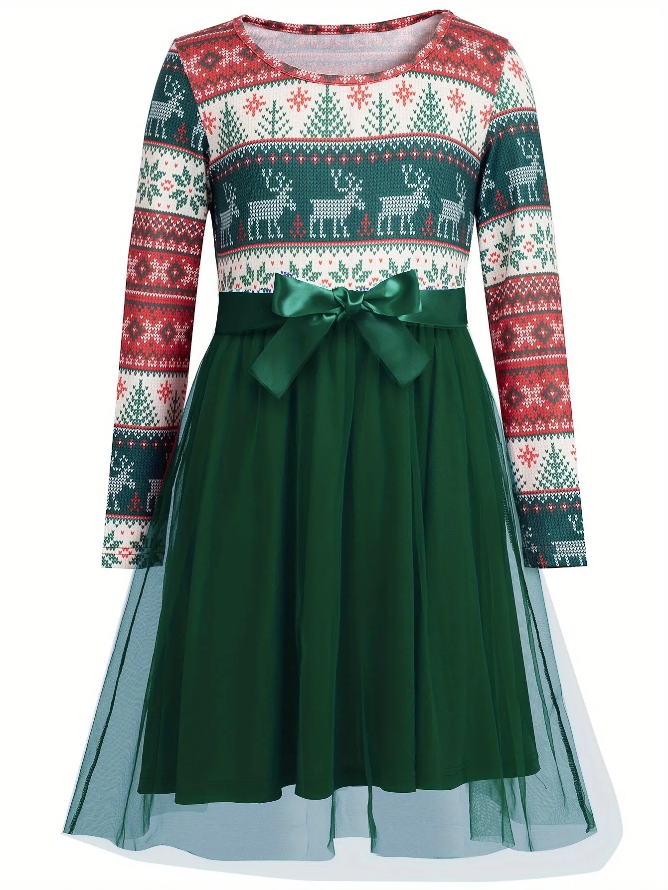 Kilottor Girls' Christmas Print Tulle Dress with Bow Tie Waistband, Long Sleeve, Knee-Length, Party Style, Round Neck, Stretch Knit Fabric, Festive Holiday Outfit for Kids