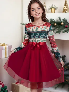 Kilottor Girls' Christmas Print Tulle Dress with Bow Tie Waistband, Long Sleeve, Knee-Length, Party Style, Round Neck, Stretch Knit Fabric, Festive Holiday Outfit for Kids