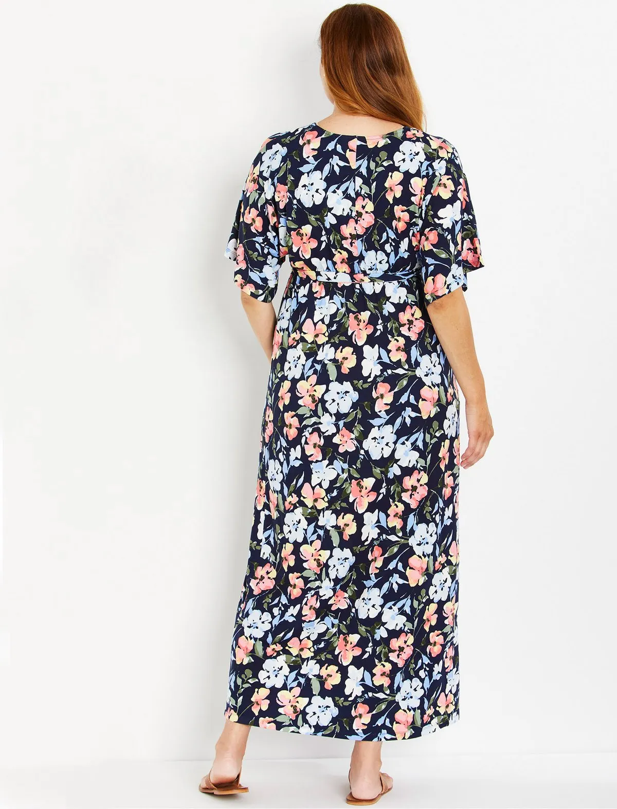 Kimono Sleeve Maxis Dress with Side Slit in Blue Floral