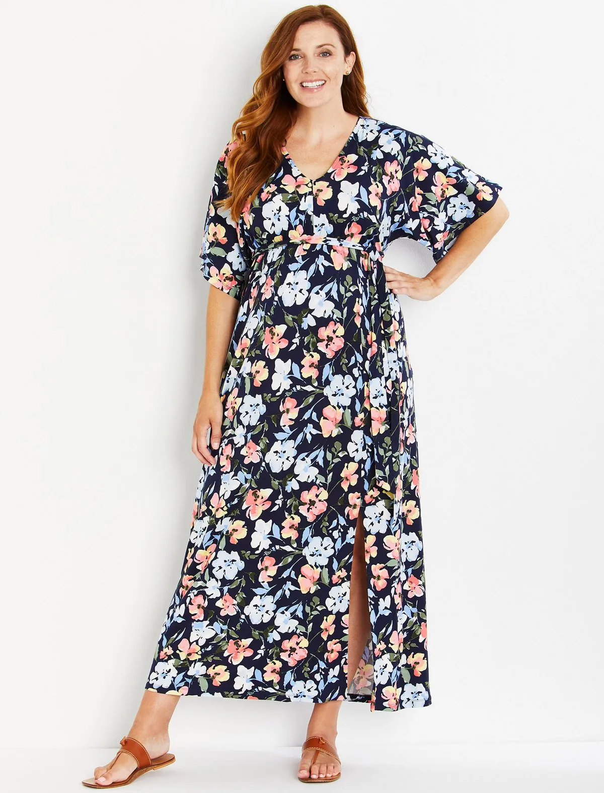 Kimono Sleeve Maxis Dress with Side Slit in Blue Floral