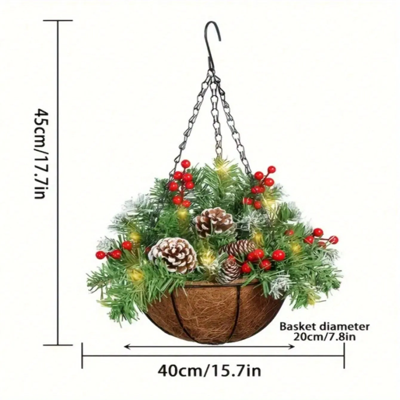 kkboxly 1pc Festive Artificial Christmas Hanging Basket - Decorated with Frosted Pine Cones, Shatterproof Ornaments, and Soft Faux Greenery - Perfect for Front Door, Wall, Window, Lawn, Yard, and Garden Xmas Decorations