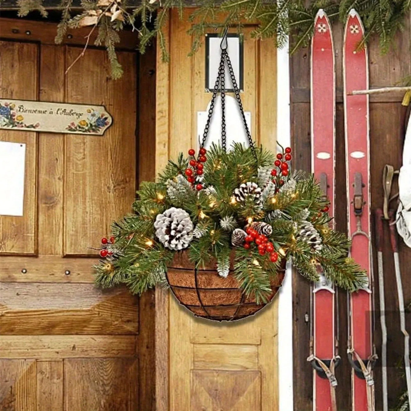 kkboxly 1pc Festive Artificial Christmas Hanging Basket - Decorated with Frosted Pine Cones, Shatterproof Ornaments, and Soft Faux Greenery - Perfect for Front Door, Wall, Window, Lawn, Yard, and Garden Xmas Decorations