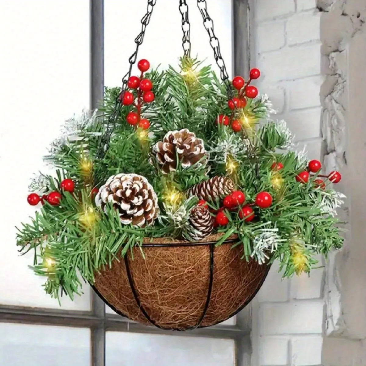 kkboxly 1pc Festive Artificial Christmas Hanging Basket - Decorated with Frosted Pine Cones, Shatterproof Ornaments, and Soft Faux Greenery - Perfect for Front Door, Wall, Window, Lawn, Yard, and Garden Xmas Decorations