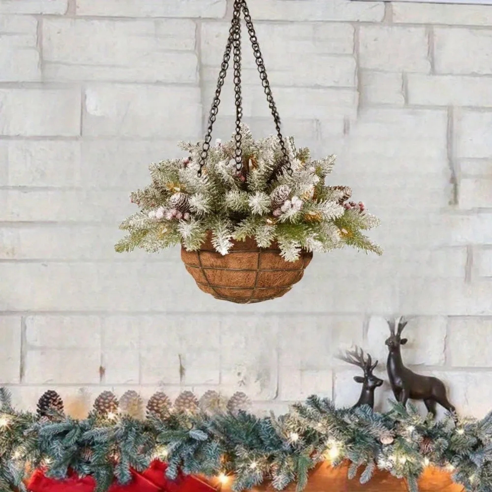 kkboxly 1pc Festive Artificial Christmas Hanging Basket - Decorated with Frosted Pine Cones, Shatterproof Ornaments, and Soft Faux Greenery - Perfect for Front Door, Wall, Window, Lawn, Yard, and Garden Xmas Decorations