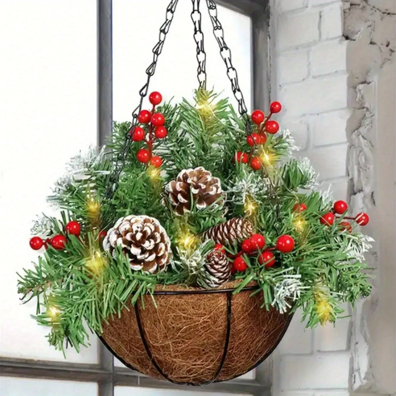 kkboxly 1pc Festive Artificial Christmas Hanging Basket - Decorated with Frosted Pine Cones, Shatterproof Ornaments, and Soft Faux Greenery - Perfect for Front Door, Wall, Window, Lawn, Yard, and Garden Xmas Decorations