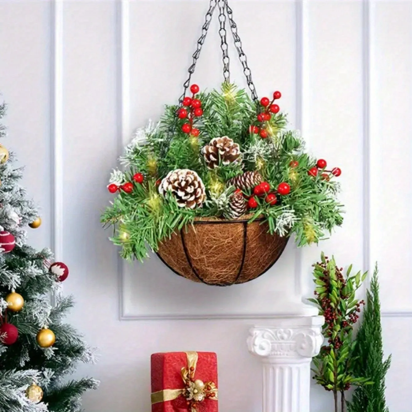 kkboxly 1pc Festive Artificial Christmas Hanging Basket - Decorated with Frosted Pine Cones, Shatterproof Ornaments, and Soft Faux Greenery - Perfect for Front Door, Wall, Window, Lawn, Yard, and Garden Xmas Decorations