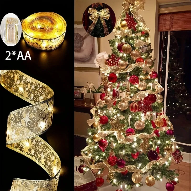 kkboxly 1pc Holiday Streamers - Golden Ribbon Lights, Battery Powered Christmas Tree Decoration with 1/3/5/10m Long Garland for Festive Ambiance (Without Batteries)