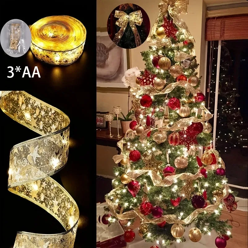 kkboxly 1pc Holiday Streamers - Golden Ribbon Lights, Battery Powered Christmas Tree Decoration with 1/3/5/10m Long Garland for Festive Ambiance (Without Batteries)