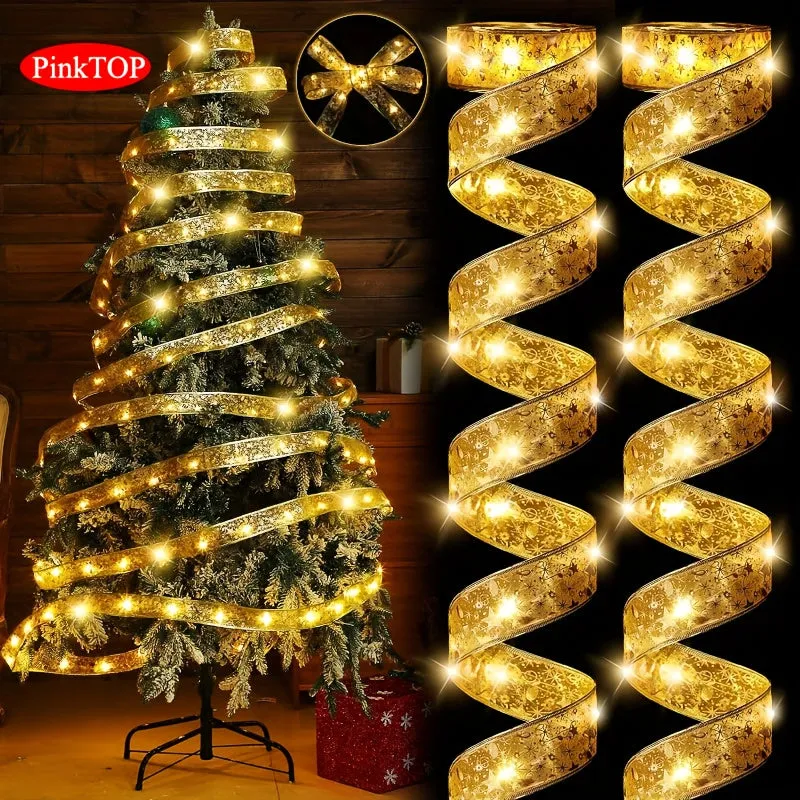 kkboxly 1pc Holiday Streamers - Golden Ribbon Lights, Battery Powered Christmas Tree Decoration with 1/3/5/10m Long Garland for Festive Ambiance (Without Batteries)