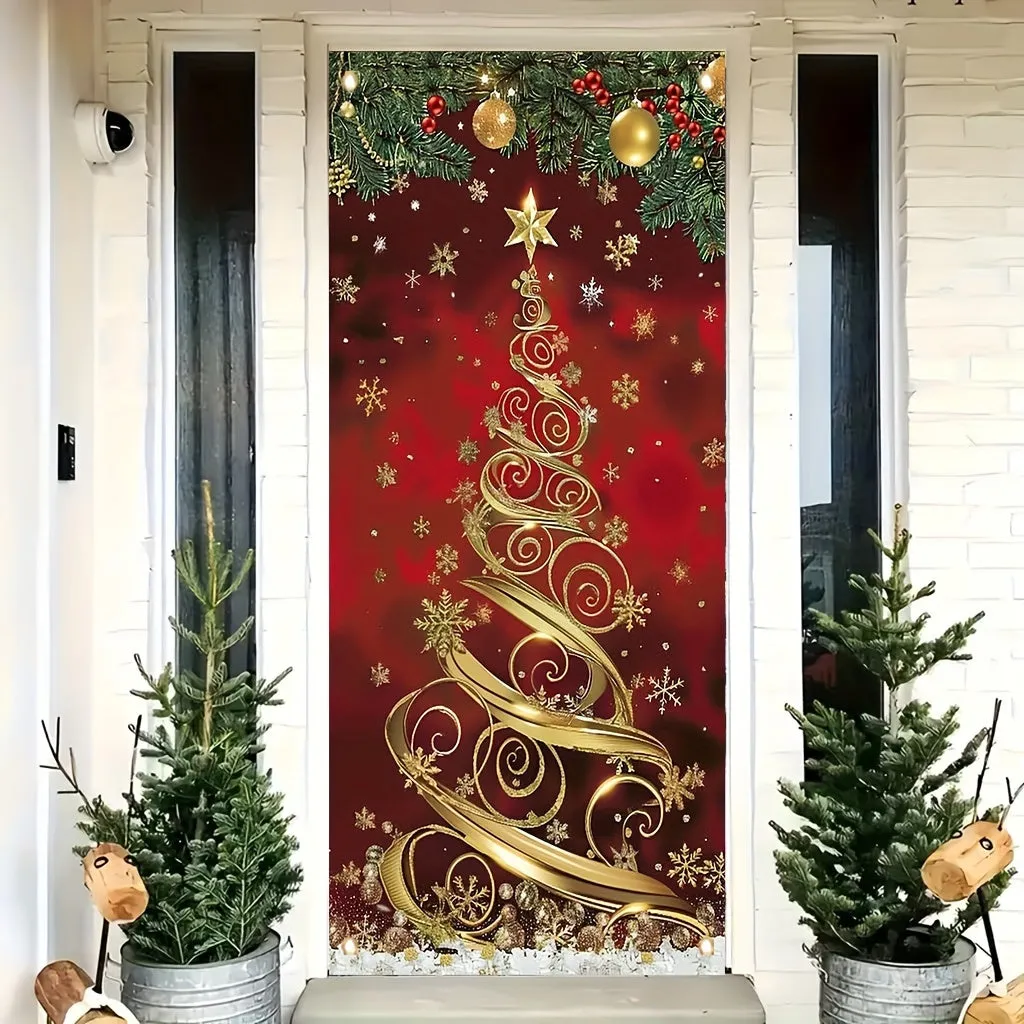 kkboxly 35x70 Inch Large Elegant Polyester Christmas Tree Door Banner - Festive Front Porch Decoration for Holiday & New Year Celebrations