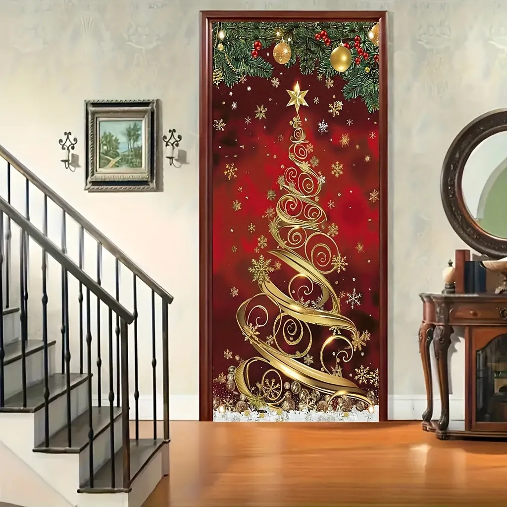 kkboxly 35x70 Inch Large Elegant Polyester Christmas Tree Door Banner - Festive Front Porch Decoration for Holiday & New Year Celebrations