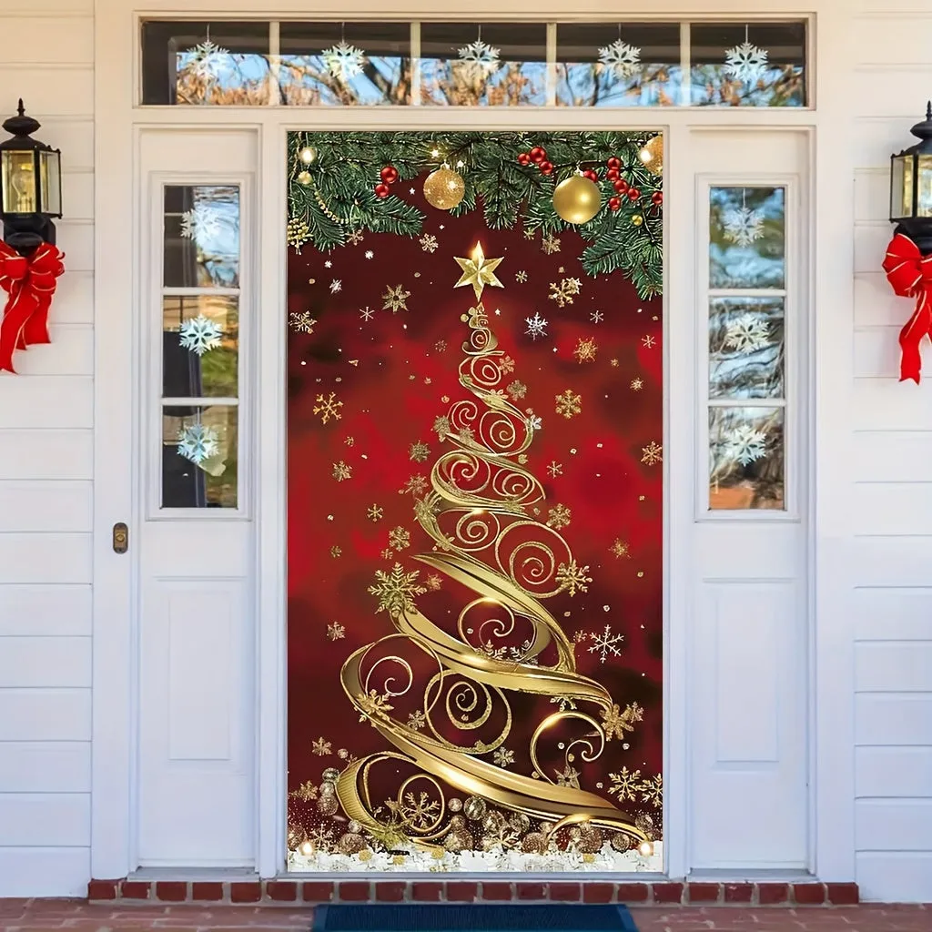 kkboxly 35x70 Inch Large Elegant Polyester Christmas Tree Door Banner - Festive Front Porch Decoration for Holiday & New Year Celebrations