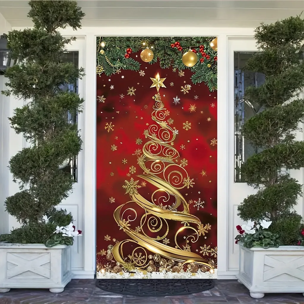 kkboxly 35x70 Inch Large Elegant Polyester Christmas Tree Door Banner - Festive Front Porch Decoration for Holiday & New Year Celebrations