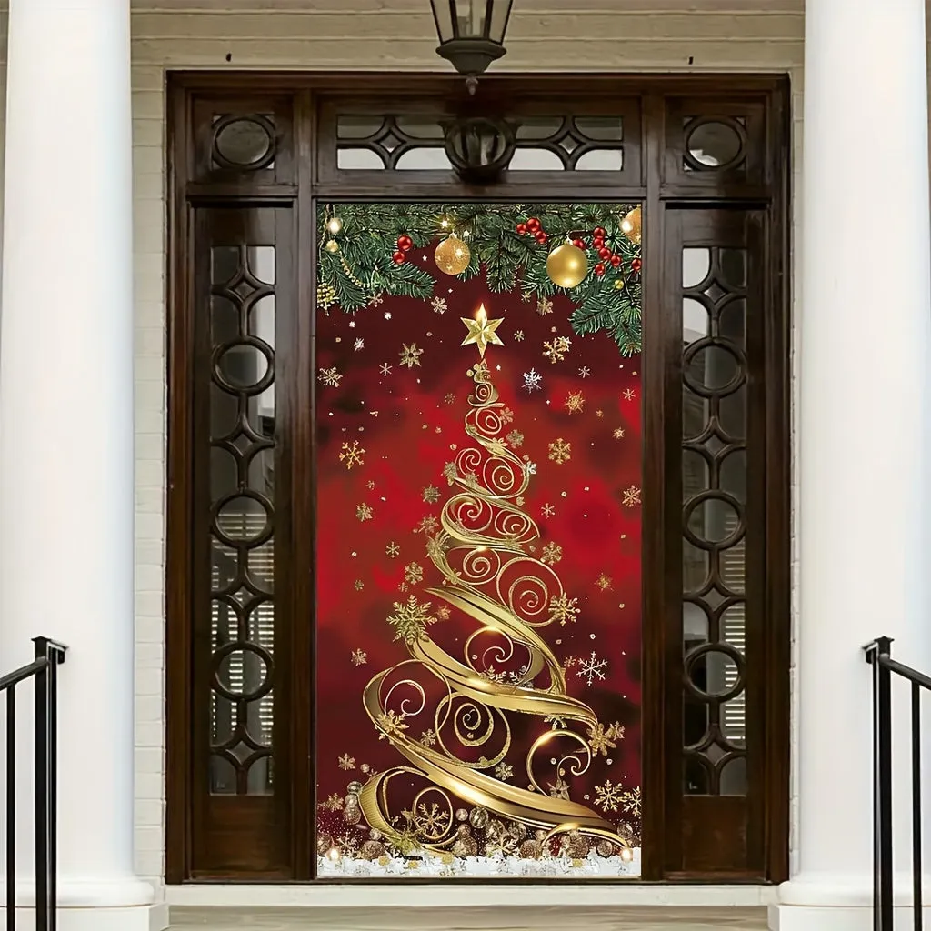 kkboxly 35x70 Inch Large Elegant Polyester Christmas Tree Door Banner - Festive Front Porch Decoration for Holiday & New Year Celebrations