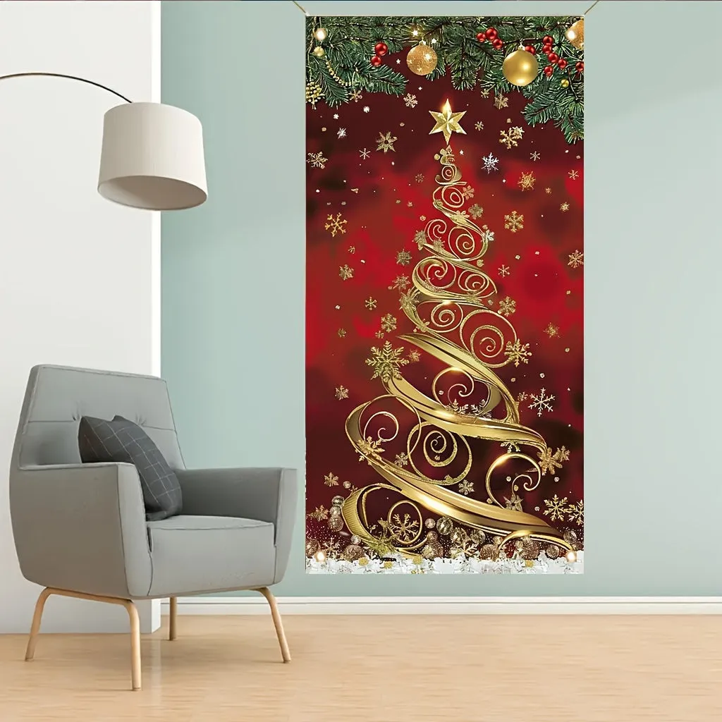 kkboxly 35x70 Inch Large Elegant Polyester Christmas Tree Door Banner - Festive Front Porch Decoration for Holiday & New Year Celebrations