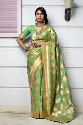 Light Green Banarasi Silk Traditional Saree With Blouse Piece