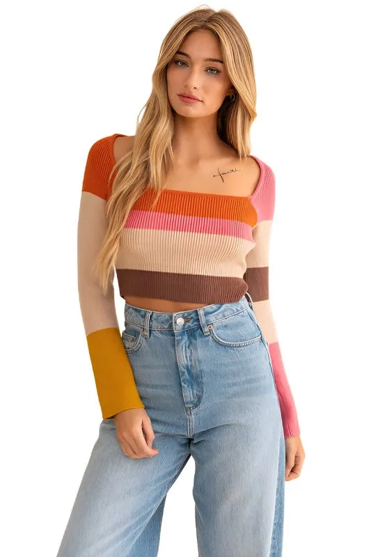 Long Sleeve Color Block Stripe Knit Top