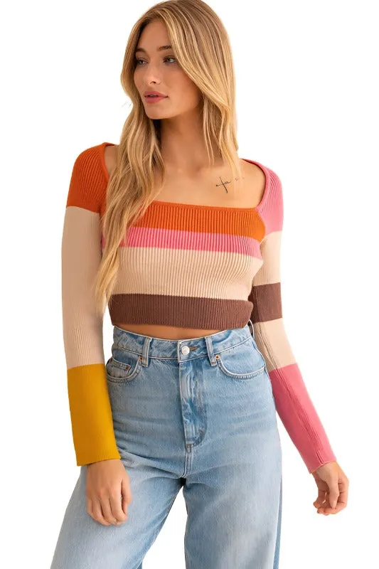 Long Sleeve Color Block Stripe Knit Top