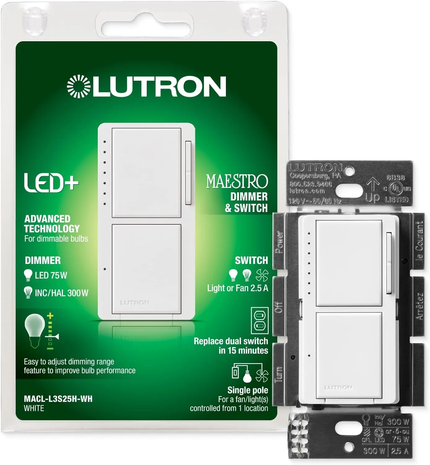 Lutron Maestro LED  Dual Dimmer and Switch | 75-Watt LED Bulbs/2.5A Fans, Single-Pole | MACL-L3S25-WH | White