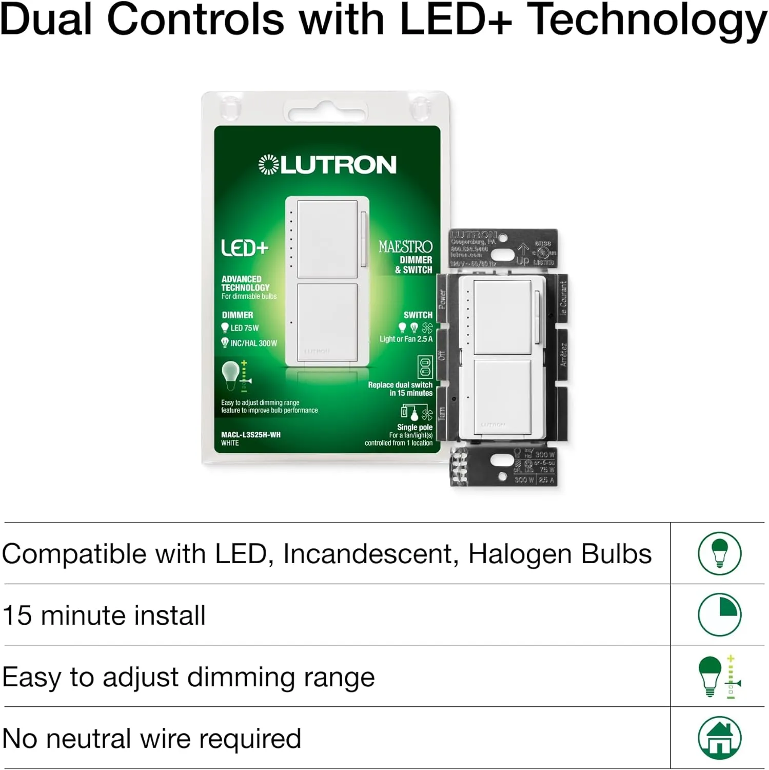 Lutron Maestro LED  Dual Dimmer and Switch | 75-Watt LED Bulbs/2.5A Fans, Single-Pole | MACL-L3S25-WH | White