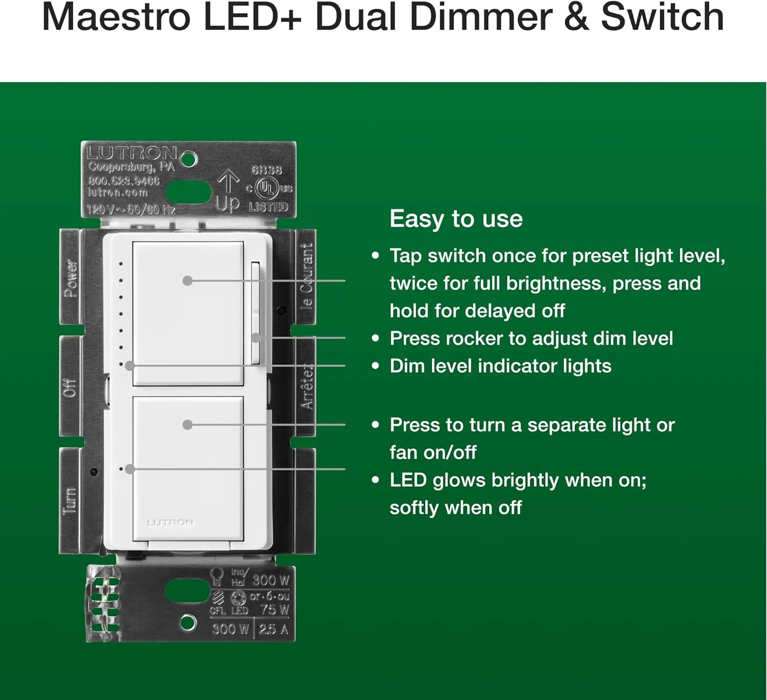 Lutron Maestro LED  Dual Dimmer and Switch | 75-Watt LED Bulbs/2.5A Fans, Single-Pole | MACL-L3S25-WH | White