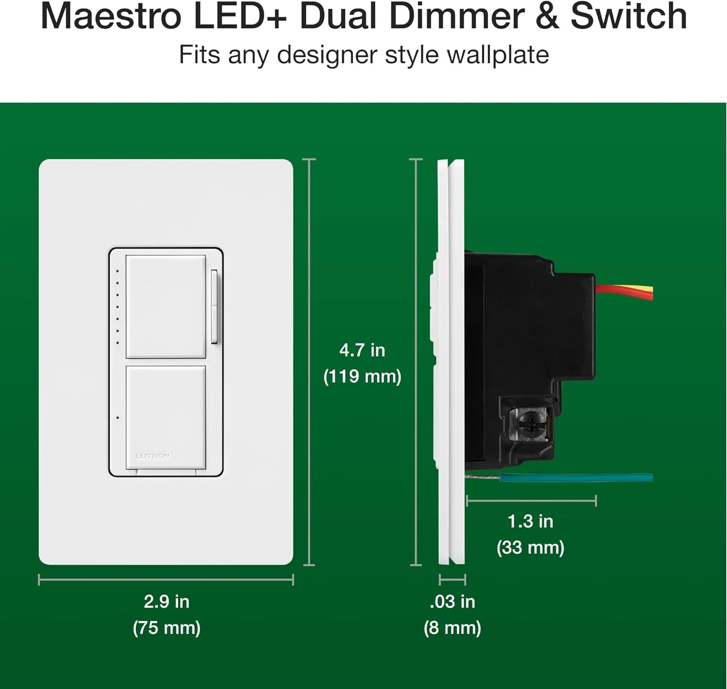 Lutron Maestro LED  Dual Dimmer and Switch | 75-Watt LED Bulbs/2.5A Fans, Single-Pole | MACL-L3S25-WH | White