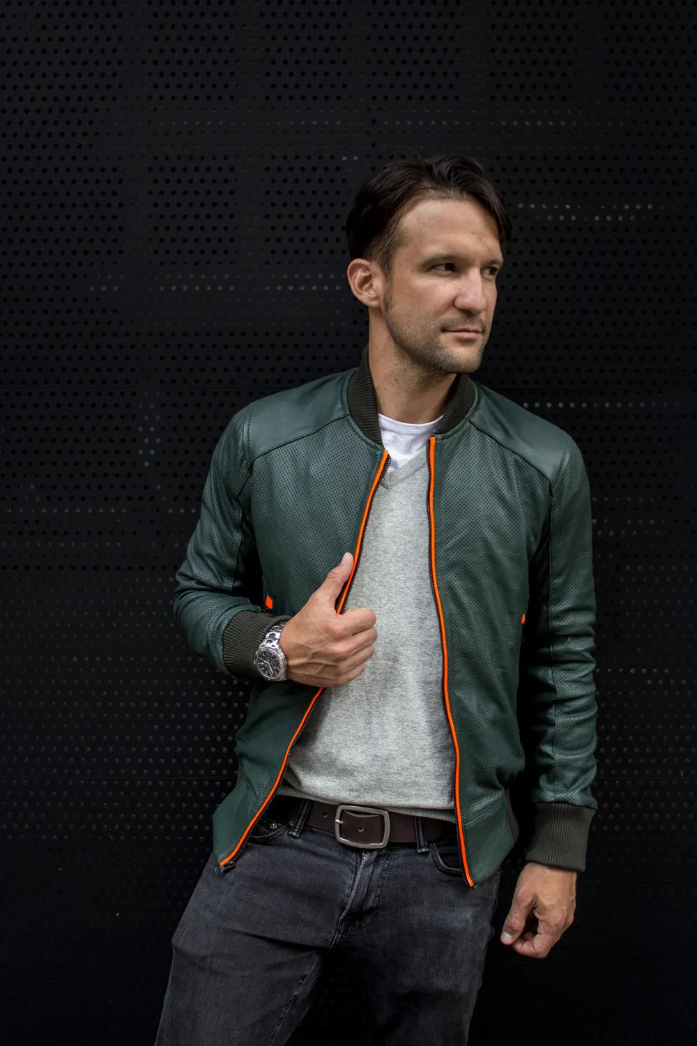 LUXUS HI TECH Leather Jacket Bomber lightweight - Perforated - Green