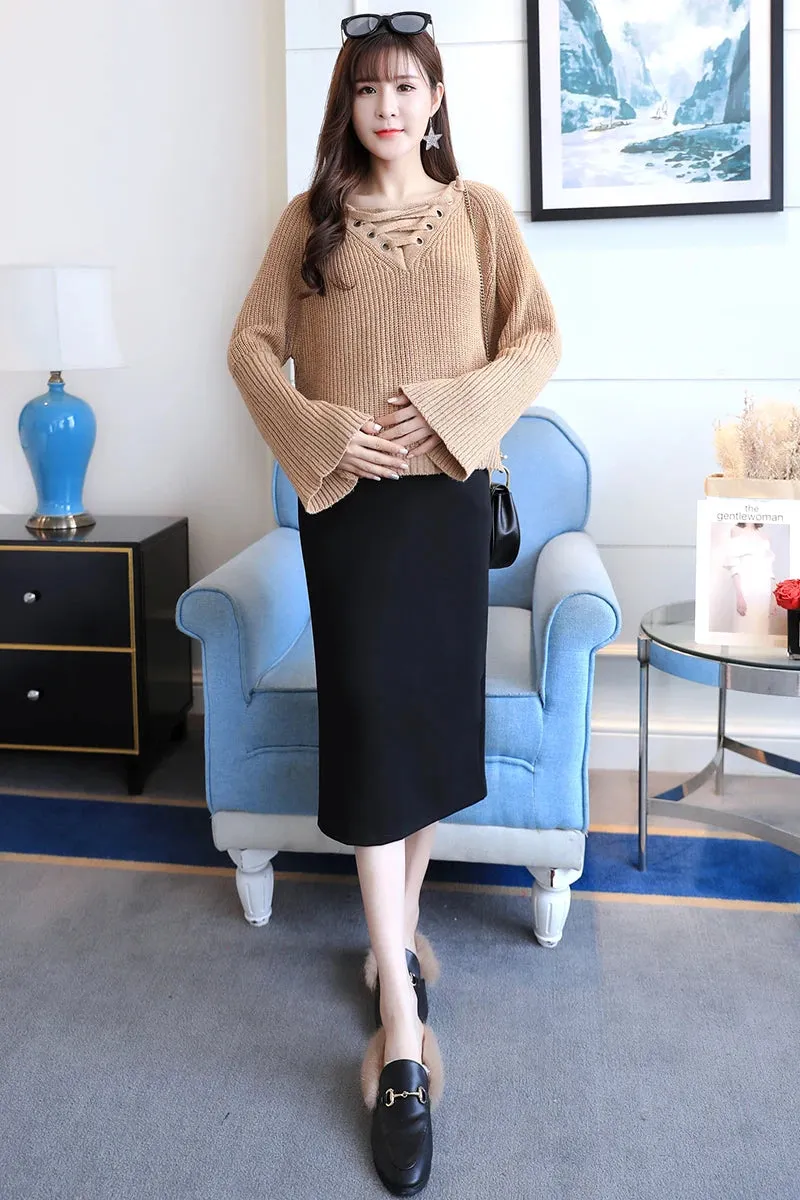 Maternity High Waist Belly Skirts Pregnant Women Empired   Mid-Calf Pencil  Office Long Straight Skirt