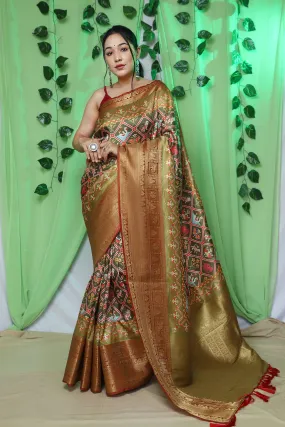 Mehendi Gold Patola Printed Woven Saree