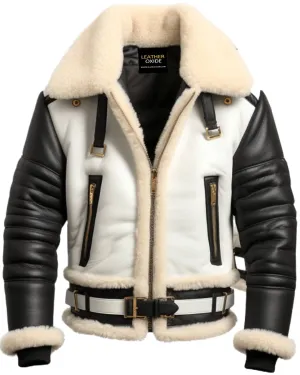 Men Aviator B3 Bomber Leather Jacket - Black and white