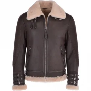 Men Brown Aviator Flying Bomber Shearling Leather Jacket