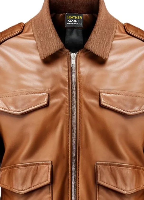 Men Brown Strap Pockets Bomber Leather Jacket- Bomber Jacket Mens