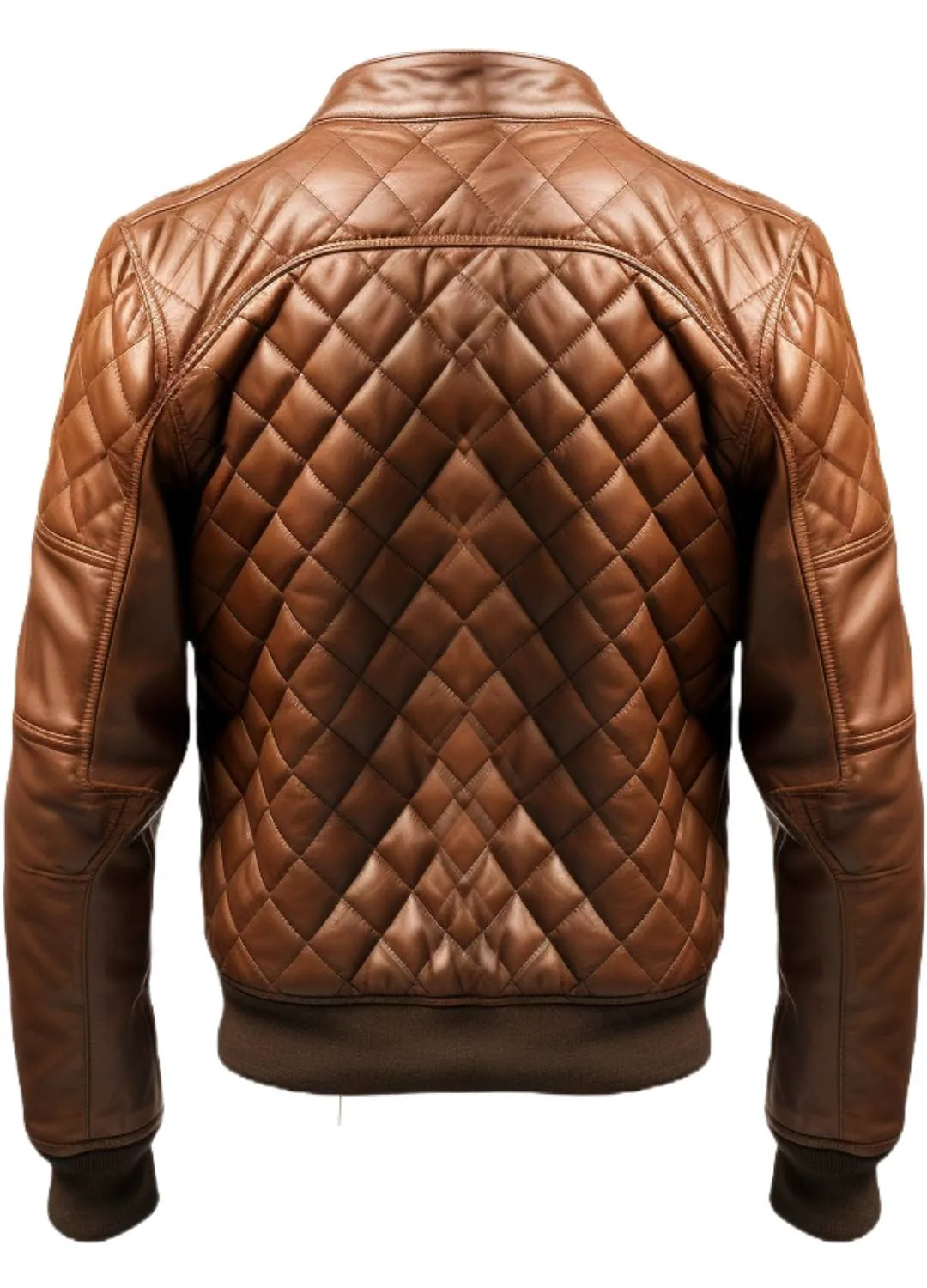 Men Quilted Bomber Leather Jacket with Golden Zipper