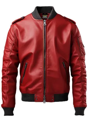 Men Stylish Red Bomber Leather Jacket