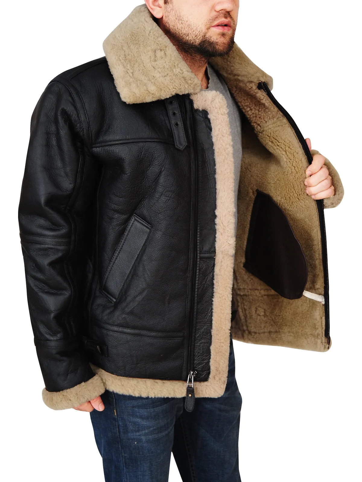 Men's Black B3 Bomber Shearling Sheepskin Jacket