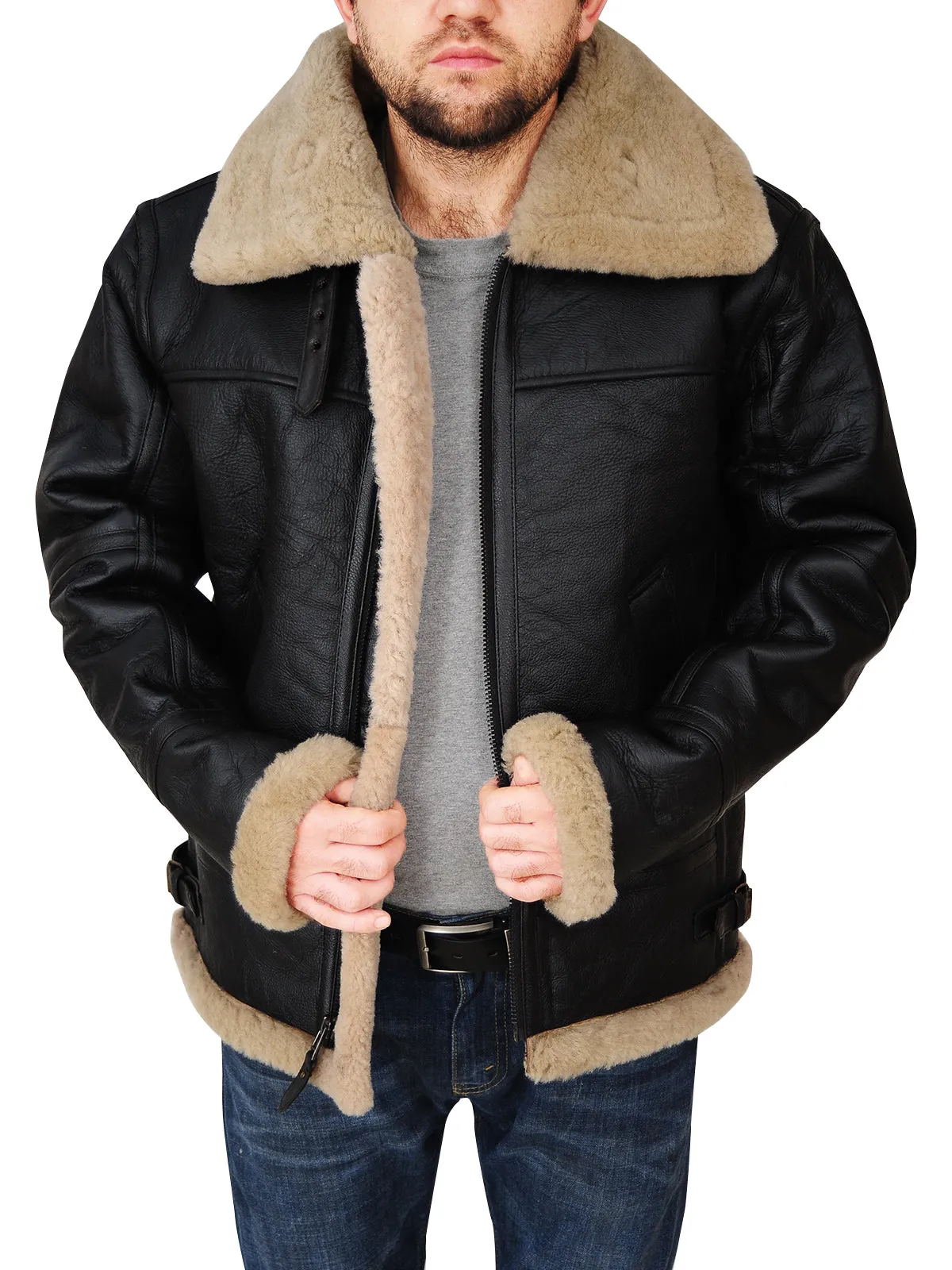 Men's Black B3 Bomber Shearling Sheepskin Jacket