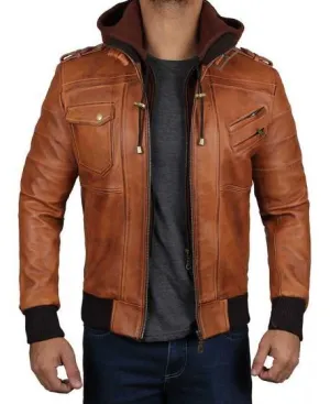 Men's Brown Hooded Leather Bomber Jacket with Rib-Knit Cuffs