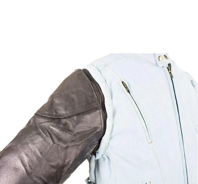 Men's Denim-like Leather Racer Jacket W/ Removable Sleeves, MJ711-15-DL