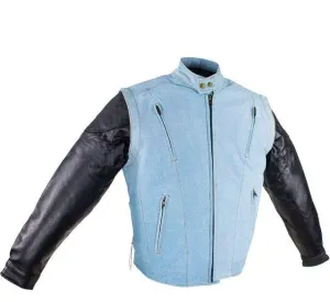 Men's Denim-like Leather Racer Jacket W/ Removable Sleeves, MJ711-15-DL